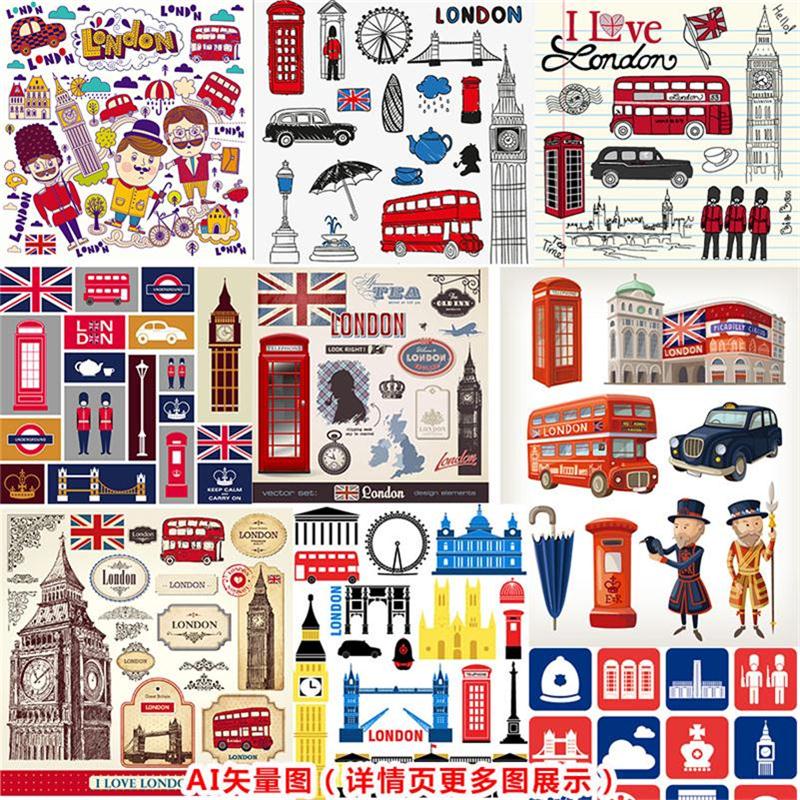 la230英国风情旅游元素大本钟双层巴士电话亭皇家卫兵矢量图素材