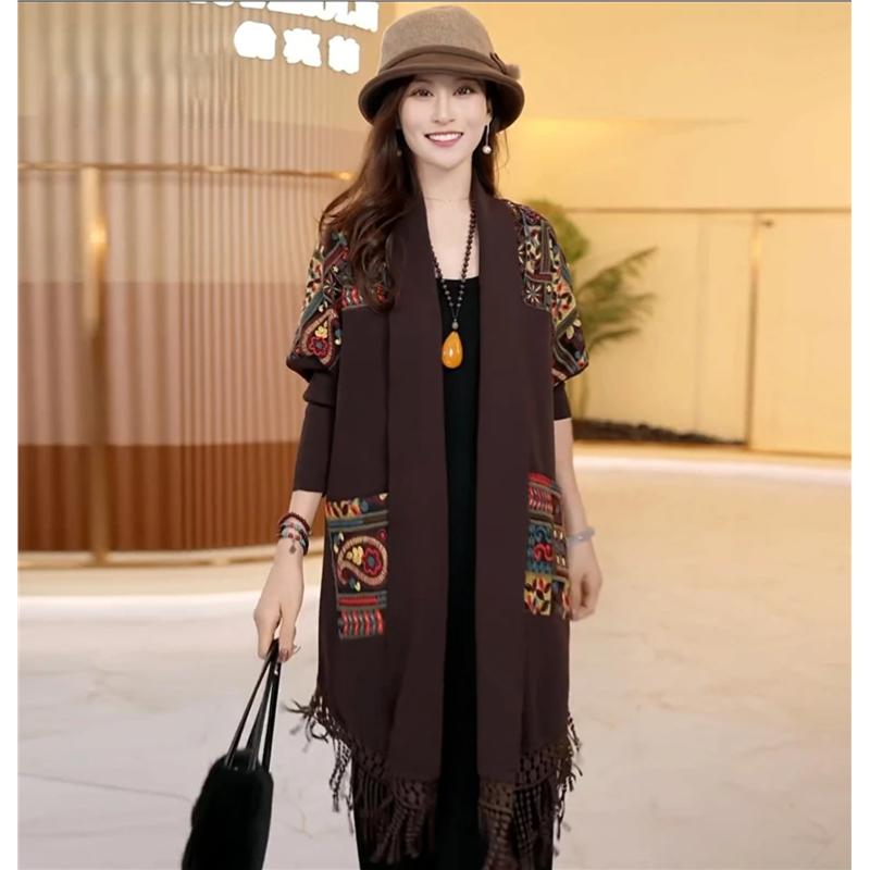 2025早秋新款时尚印花流苏披风