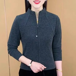 新款 2025春季 显瘦百搭中年妈妈装 长袖 时尚 秋打底衫 双拉链立领开衫