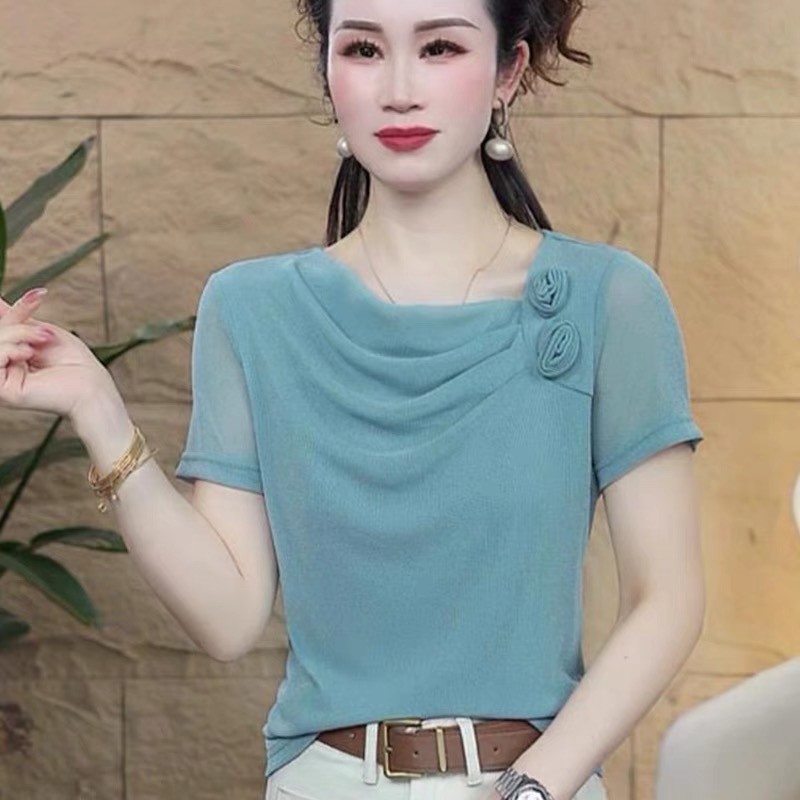 2025夏季新款减龄时尚立体花朵网纱短袖T恤女装遮肉显瘦百搭上衣