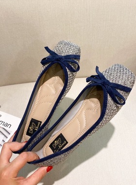 超美小香风蝴蝶结平底鞋复古方头浅口奶奶鞋huifeng晚晚芭蕾女鞋