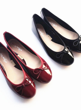 huifeng晚晚风复古超美慵懒蝴蝶结漆皮酒红百搭平底鞋芭蕾单鞋女