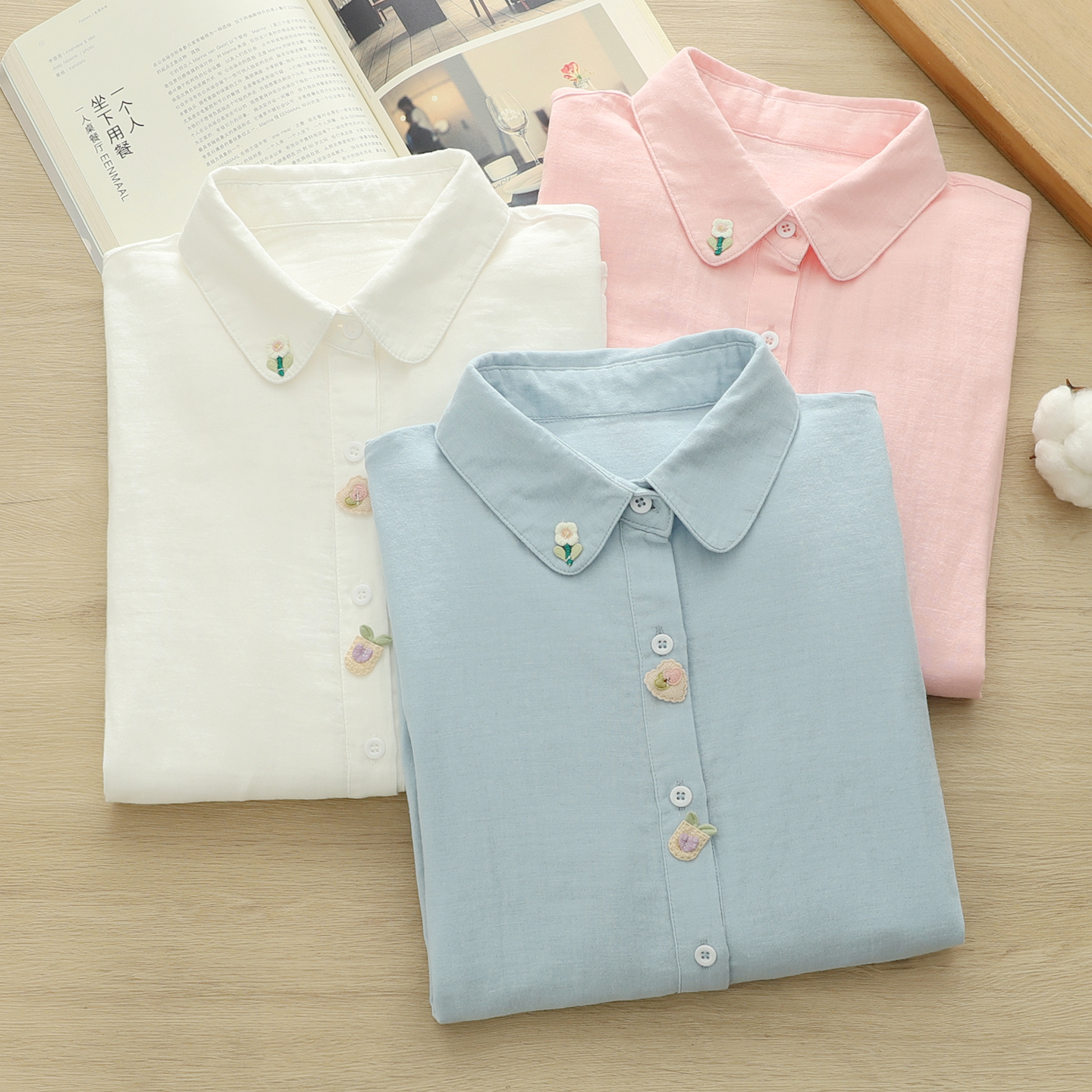 2025秋季文艺小清新立体贴布花朵爱心双层棉纱白衬衫女长袖打底衫