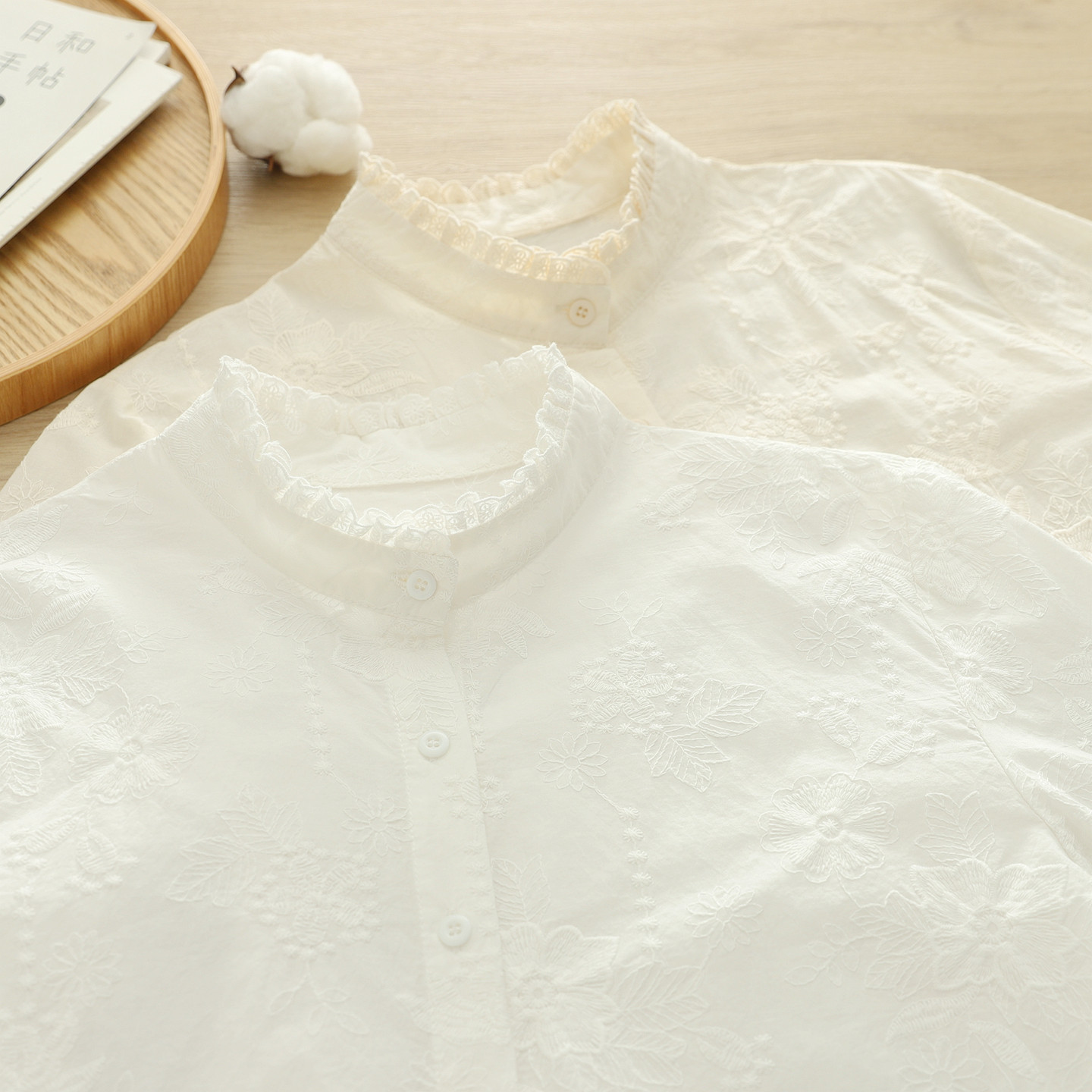 2025秋季文艺小清新木耳花边立领暗纹刺绣花朵纯棉白衬衫女长袖潮