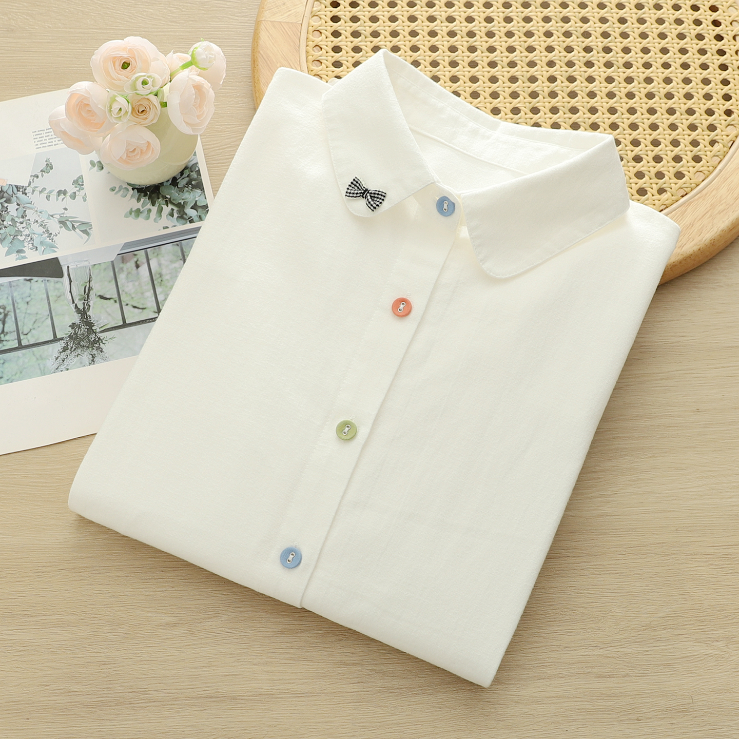 2025冬季文艺小清新立体蝴蝶结布艺彩扣磨毛棉白衬衫女长袖打底衫