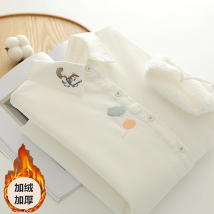 2025冬季文艺小清新卡通刺绣猫咪毛线球纯棉加绒加厚白衬衫女长袖