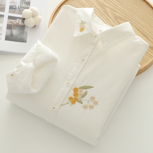 潮 打底衫 文艺小清新山茶花刺绣宽松纯棉正肩加绒加厚白衬衫 女长袖