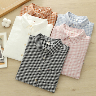 打底衫 女长袖 亲肤 森女风文艺小清新格子口袋双层棉纱衬衫 2025春季