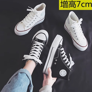 隐形内增高7cm帆布鞋女2025春夏新款小码高帮黑色透气厚底单鞋子