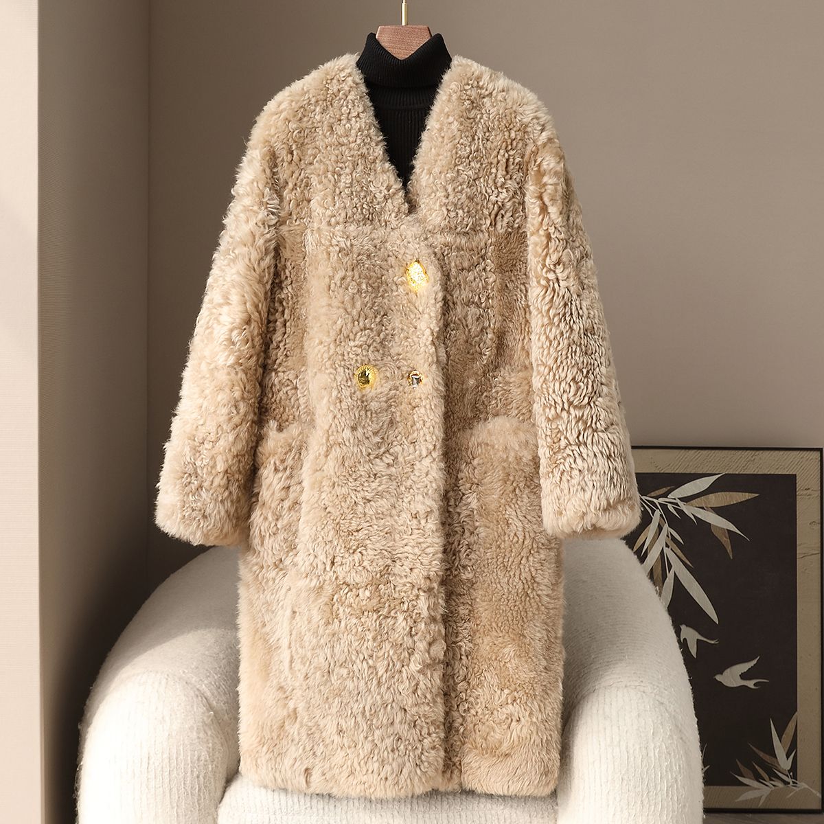 憨厚皇后2025春季新款女式托斯卡纳真皮草过膝长款羊皮毛一体外套