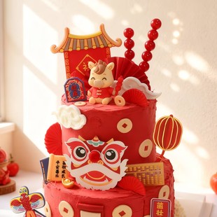 国潮蛋糕装饰中式唐装糖葫芦小马宝玩偶摆件生肖百天周岁甜品插牌