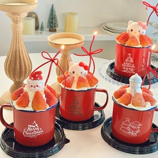 2026圣诞节红色搪瓷杯茶杯蛋糕装饰圣诞kt猫老人雪人烘焙甜品摆件