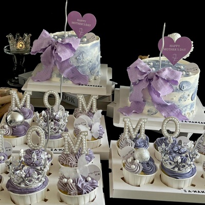 2026母亲节纸杯蛋糕装饰珍珠mom插件妈妈节日装扮皇冠甜品台摆件