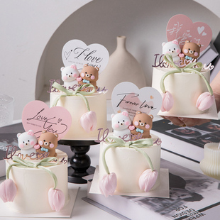 网红情人节蛋糕装饰软胶卡通立体兔熊摆件iloveyou亚克力表白插件