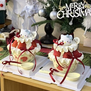 2026圣诞节新年跨年蓝色kt猫草莓碗蛋糕装饰蝴蝶结甜品碗陶瓷碗