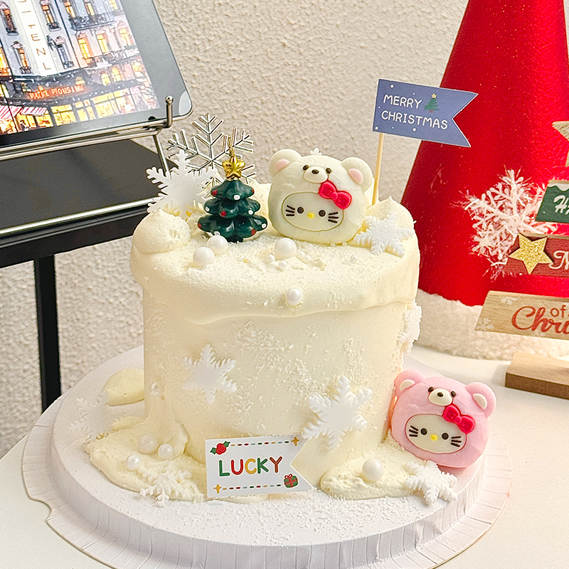 2026圣诞节可爱kt熊蛋糕装饰卡通hellokitty圣诞快乐插旗烘焙插件