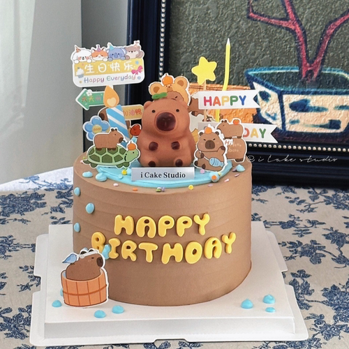 儿童周岁生日蛋糕装饰可爱水豚鼠卡皮巴拉插牌摆件烘焙甜品台插件