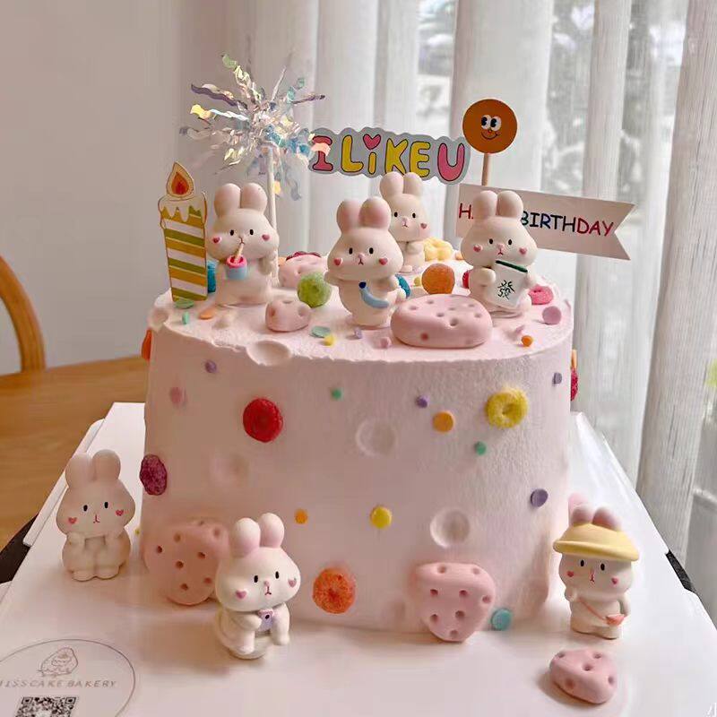 网红ins风奶酪模具蛋糕装饰摆件可爱小兔子彩虹蜡烛笑脸生日插件