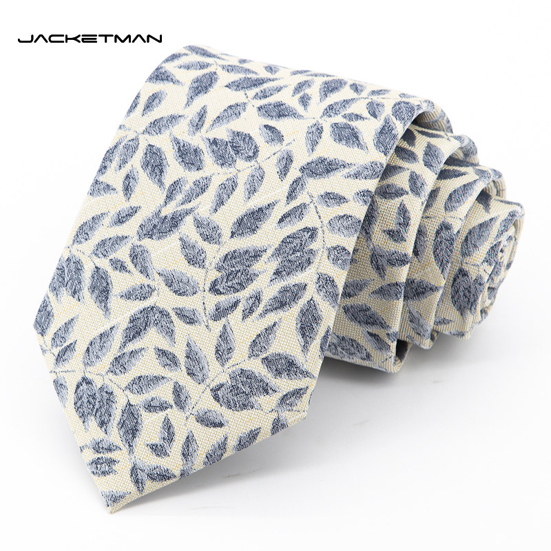 Jacketman领带男士商务正装米色个性时尚休闲银灰树叶8cm宽礼盒装