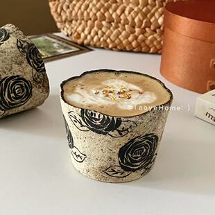 景德镇粗陶复古手作玫瑰花口杯咖啡杯高颜值杯子手握杯拿铁拉花杯