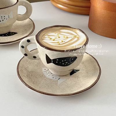 复古粗陶手作杯碟双鱼咖啡杯礼物