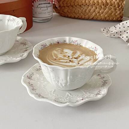 复古法式粉紫浮雕蕾丝咖啡杯碟高颜值拿铁拉花杯水杯下午茶中古杯