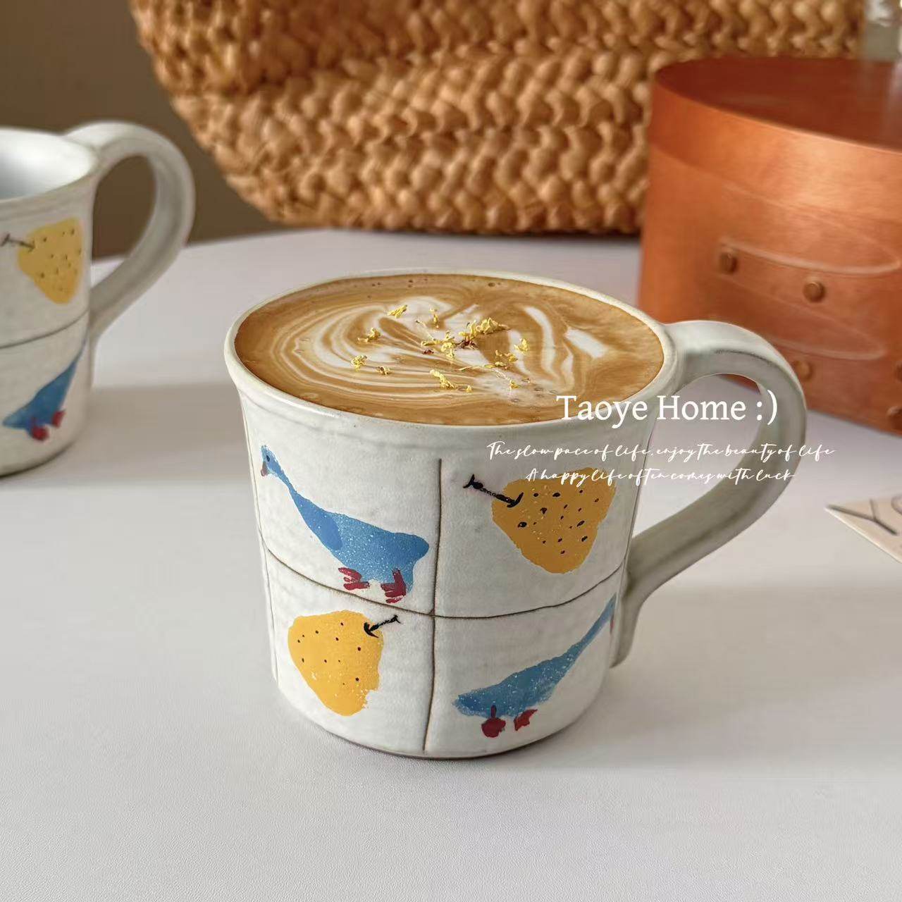 复古景德镇高颜值手绘鸭梨马克杯女生大容量可爱陶瓷杯咖啡水杯子