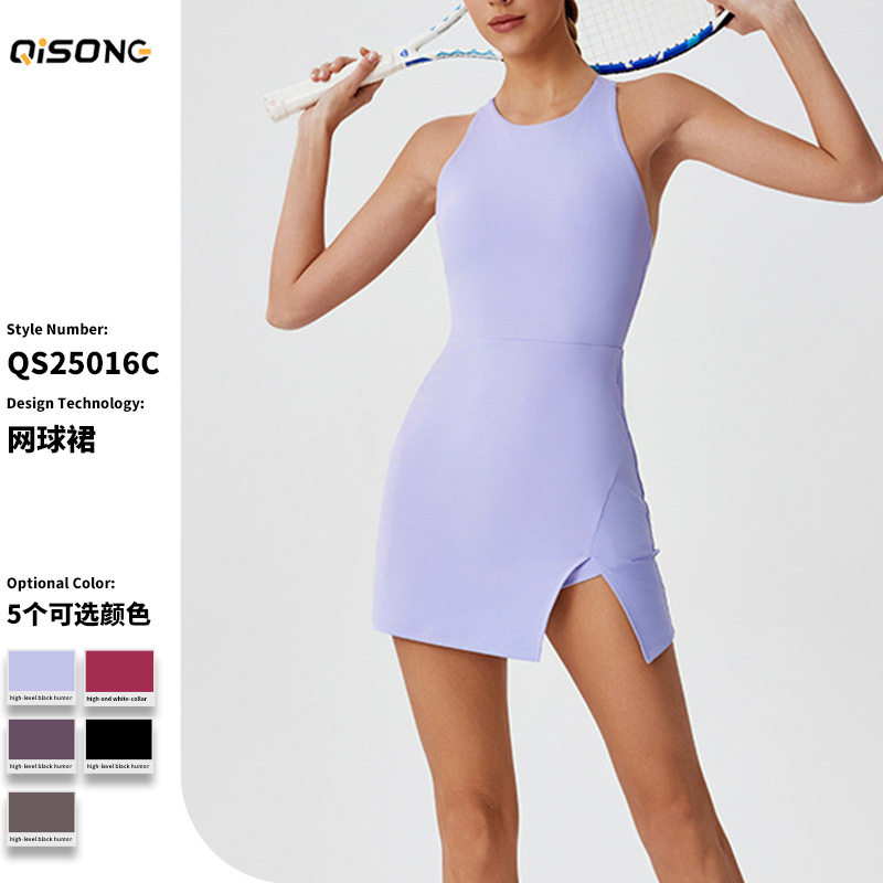 跨境新款速干性感开衩运动连衣裙女露背瑜伽服户外跑步健身网球裙