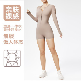跑步健身紧身连身衣短裤 欧美美人条长袖 瑜伽连体衣女跨境运动长袖