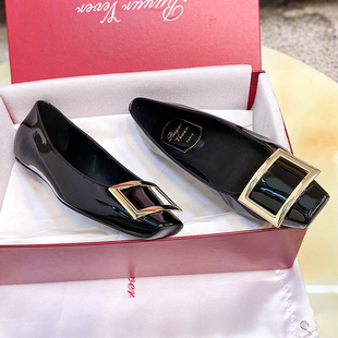 2025新款牛皮平底单鞋女rv方扣女鞋方头漆皮职场通勤百搭浅口鞋女