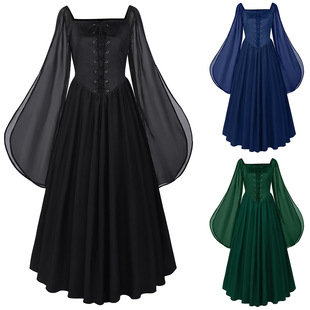 文艺复兴时期服装女式海盗连衣裙开叉喇叭袖中世纪伦仙女连衣裙