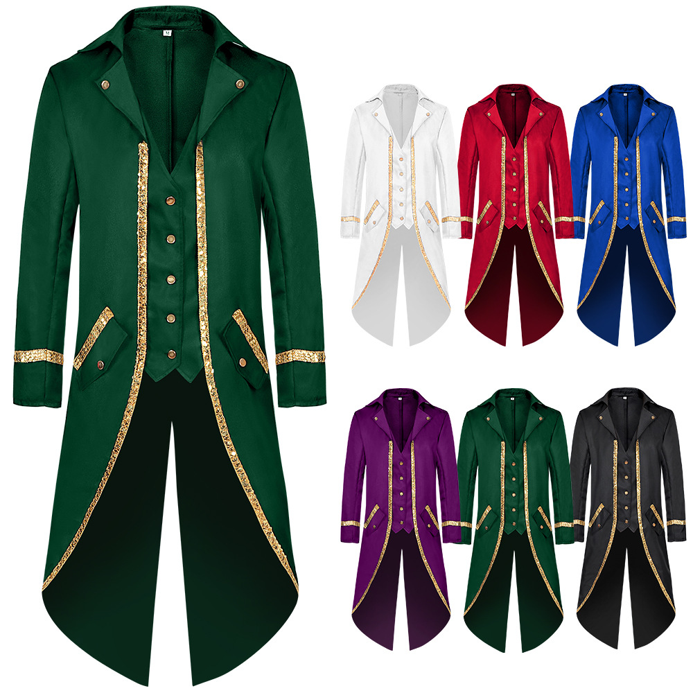 原创出品欧美新款万圣节燕尾服中世纪复古中长朋克金边大衣