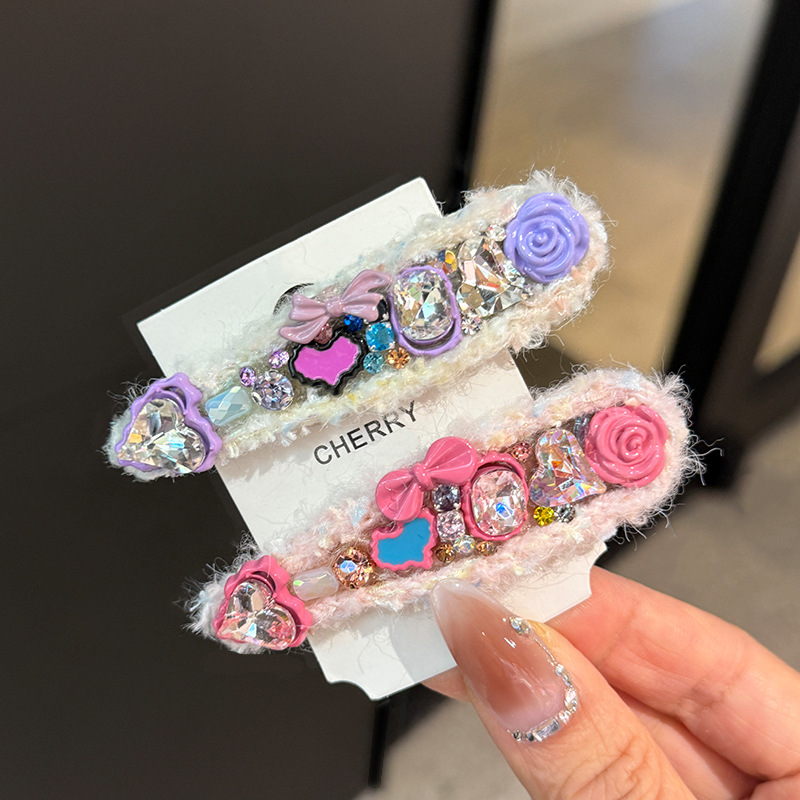 韩版多巴胺彩色爱心水钻羊羔毛发夹秋冬高级感刘海夹bb夹发卡头饰