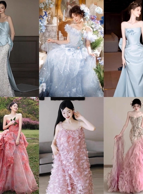 出租蓝色晚礼服裙女2025新款高级质感18岁成人礼轻奢高端