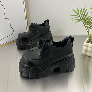 牛皮版~7cm厚底系带乐福鞋女小皮鞋2026春季新款真皮黑色松糕单鞋