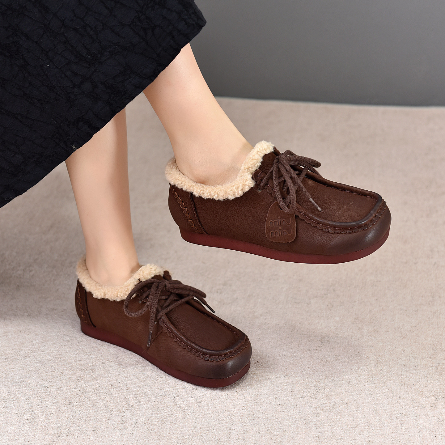 头层牛皮圆头复古加绒保暖羊羔毛棉鞋女2025冬新款毛毛软底妈妈鞋,女鞋,棉鞋,淘宝优惠券,粉丝福利购,淘宝优惠卷