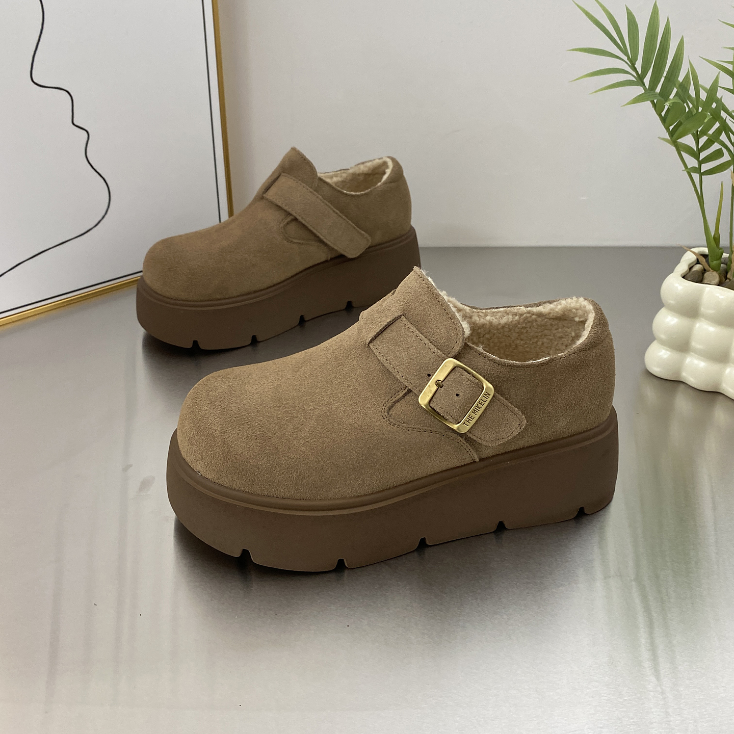 真皮松糕厚底增高加绒保暖勃肯鞋