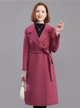 红色双面羊毛大衣女2025秋冬新款毛呢外套长款西装领休闲韩版显瘦