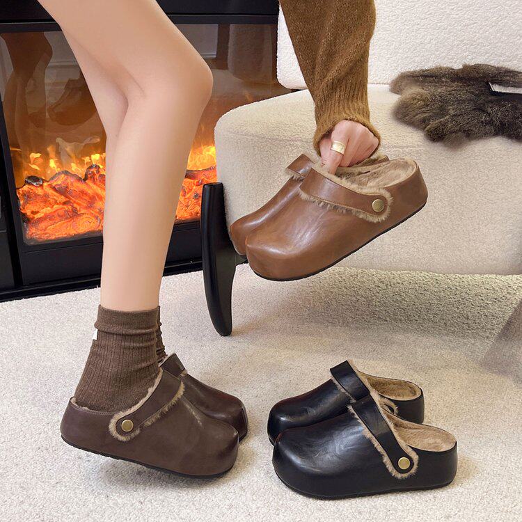 毛毛拖鞋女外穿2025新款冬季半拖棉拖鞋厚底内增高加绒皮面勃肯鞋