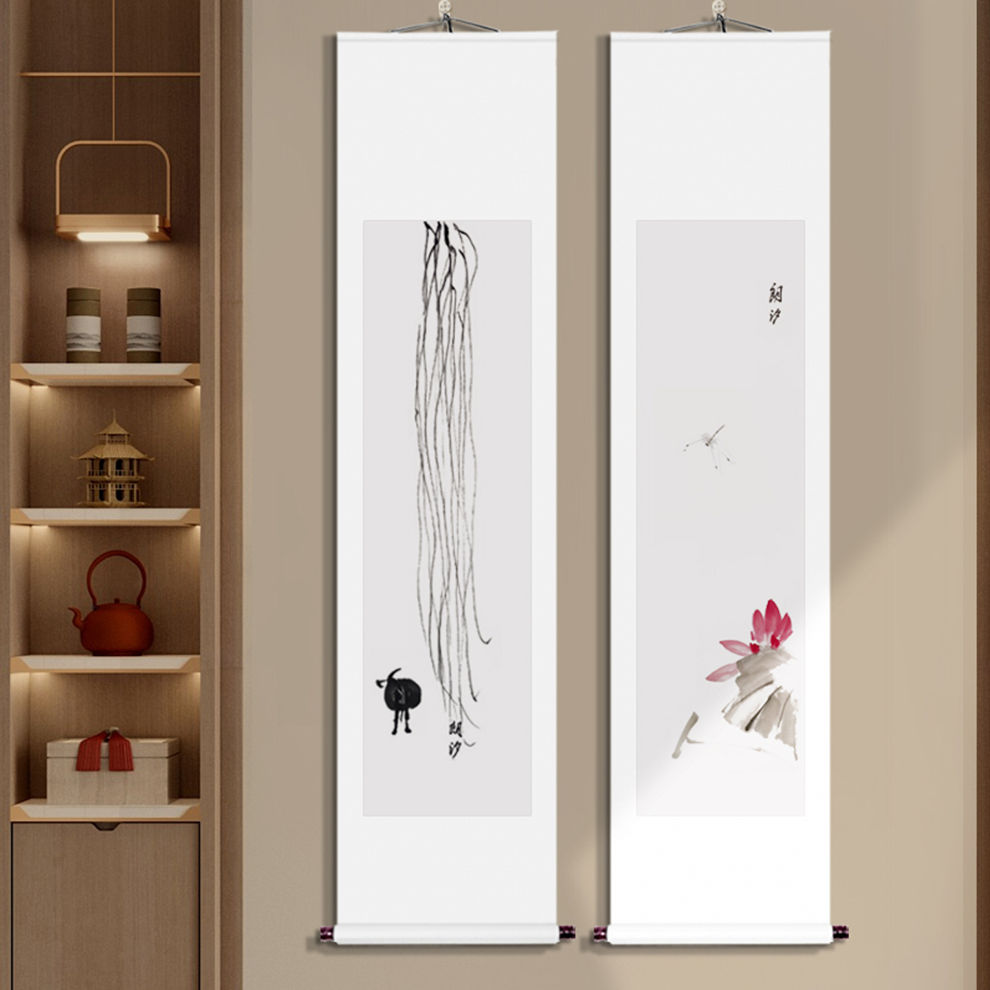 手绘办公室字画新中式写意茶室客厅装饰画禅意水墨卷轴挂画