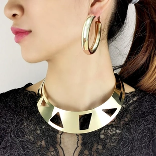 复古夸张镂空领珠宝套装光面厚实项链50mm环形耳环印度珠宝套装