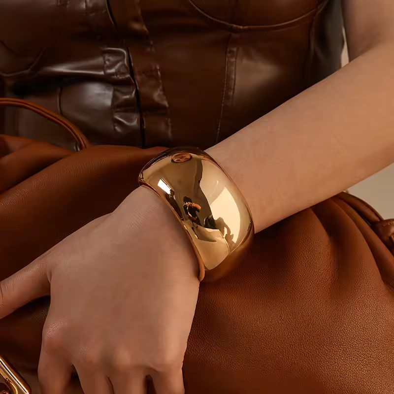 欧美重工宽版手镯复古凹凸亮面水波纹夸张个性中古风欧美质感镯子