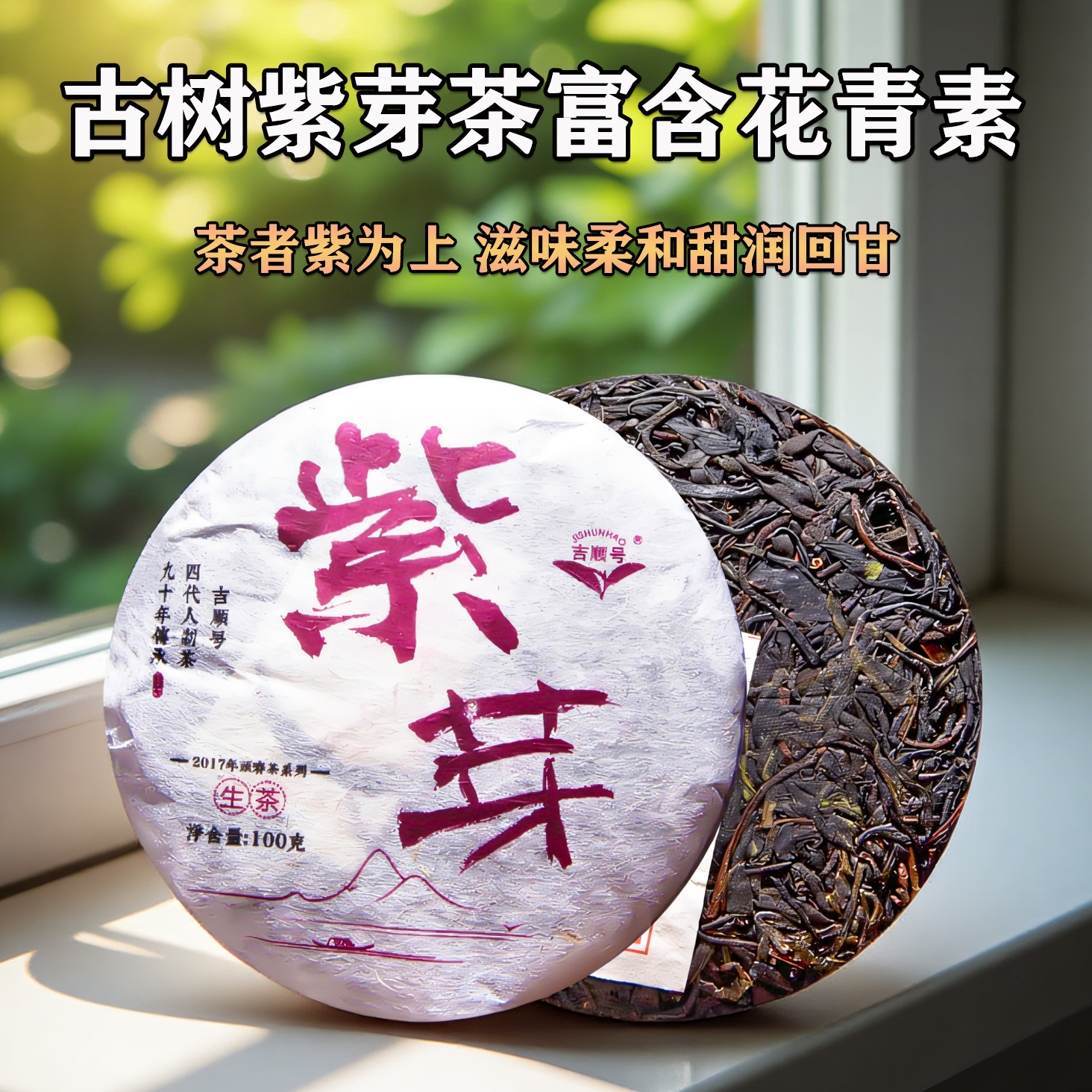 吉顺号普洱茶2017年春茶珍藏版紫芽茶古树普洱生茶叶紫芽紫叶100g