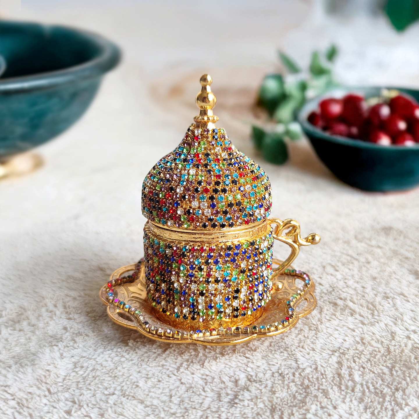 土耳其进口手镶水钻金色咖啡杯子