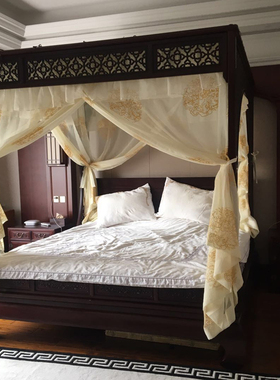 中式仿明清古典双月洞架子床明黄色祥云龙纹仿真丝布绣花蚊帐床幔