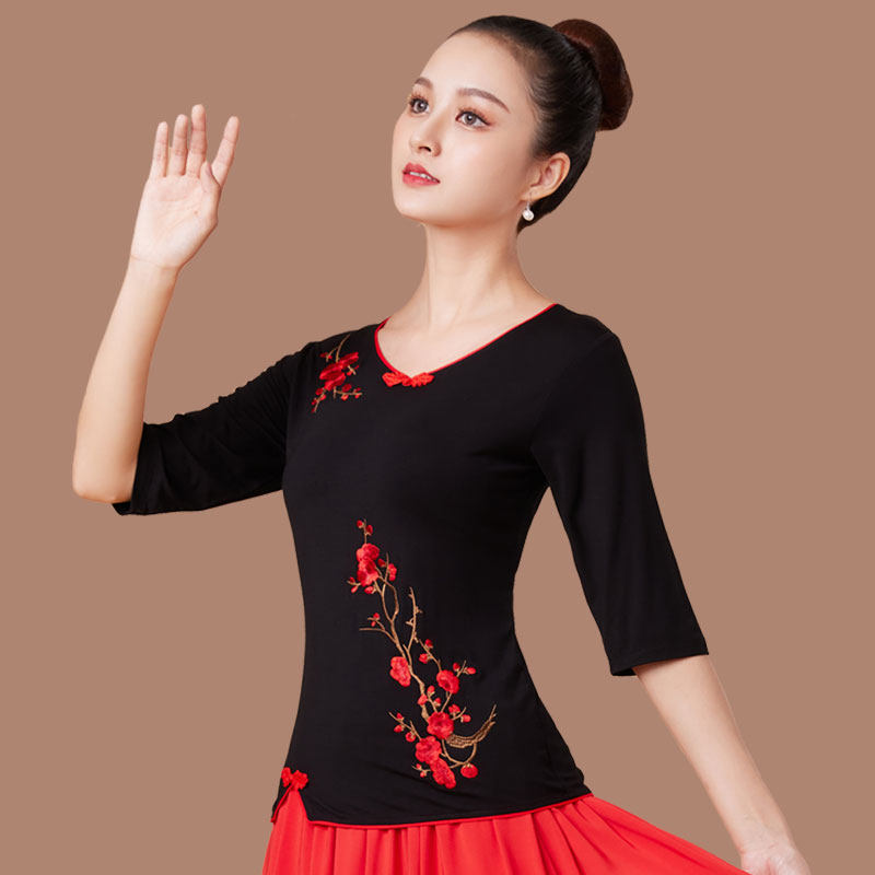 新款广场舞服装莫代尔舞蹈服上衣绣花夏表演出服跳舞衣服女中老年