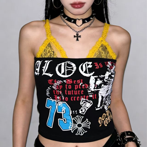 LILI美式辣妹风字母印花挂脖吊带背心女夏季修身显瘦短款上
