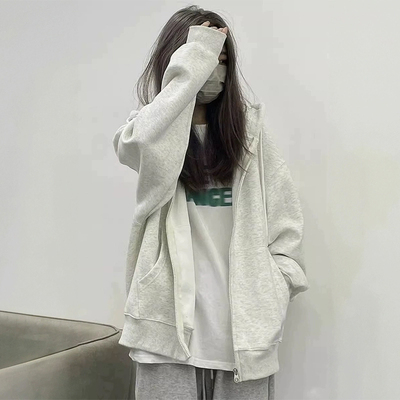 灰色开衫连帽拉链卫衣外套女秋装加绒加厚冬季设计感oversize上衣