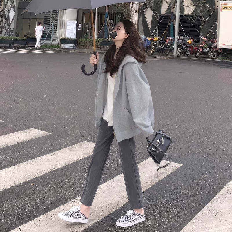 灰色卫衣外套女连帽2024新款春秋季休闲长袖开衫加绒加厚上衣