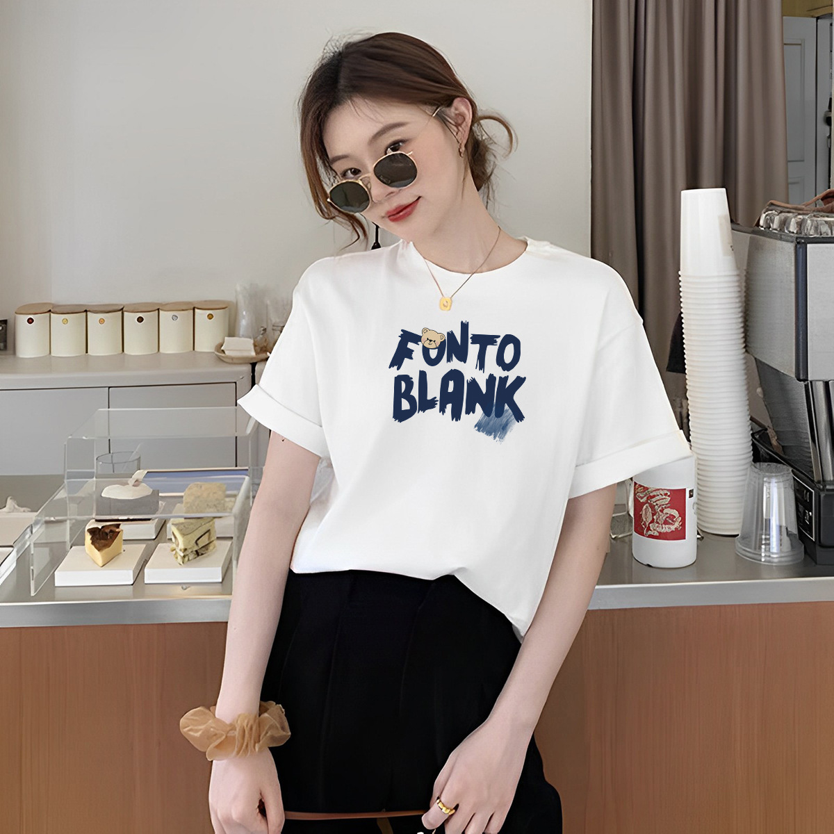 白色正肩短袖t恤女夏季半袖体恤2023新款宽松印花圆领纯棉上衣潮